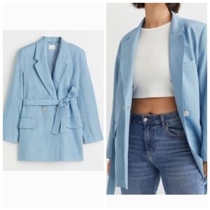 H&M linen blue jacket Belted Size S New With Tag